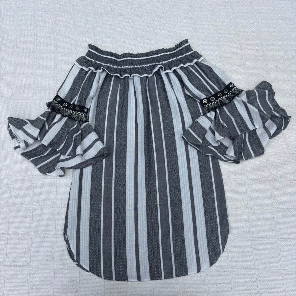 Women's XS MISA Off The Shoulder Stripe Ruffle Fringe Sleeve Mini Dress